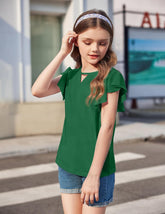 Girls Shirts Short Sleeve Tee Ruffle Solid Summer Keyhole Neck Cotton Blouse Tops